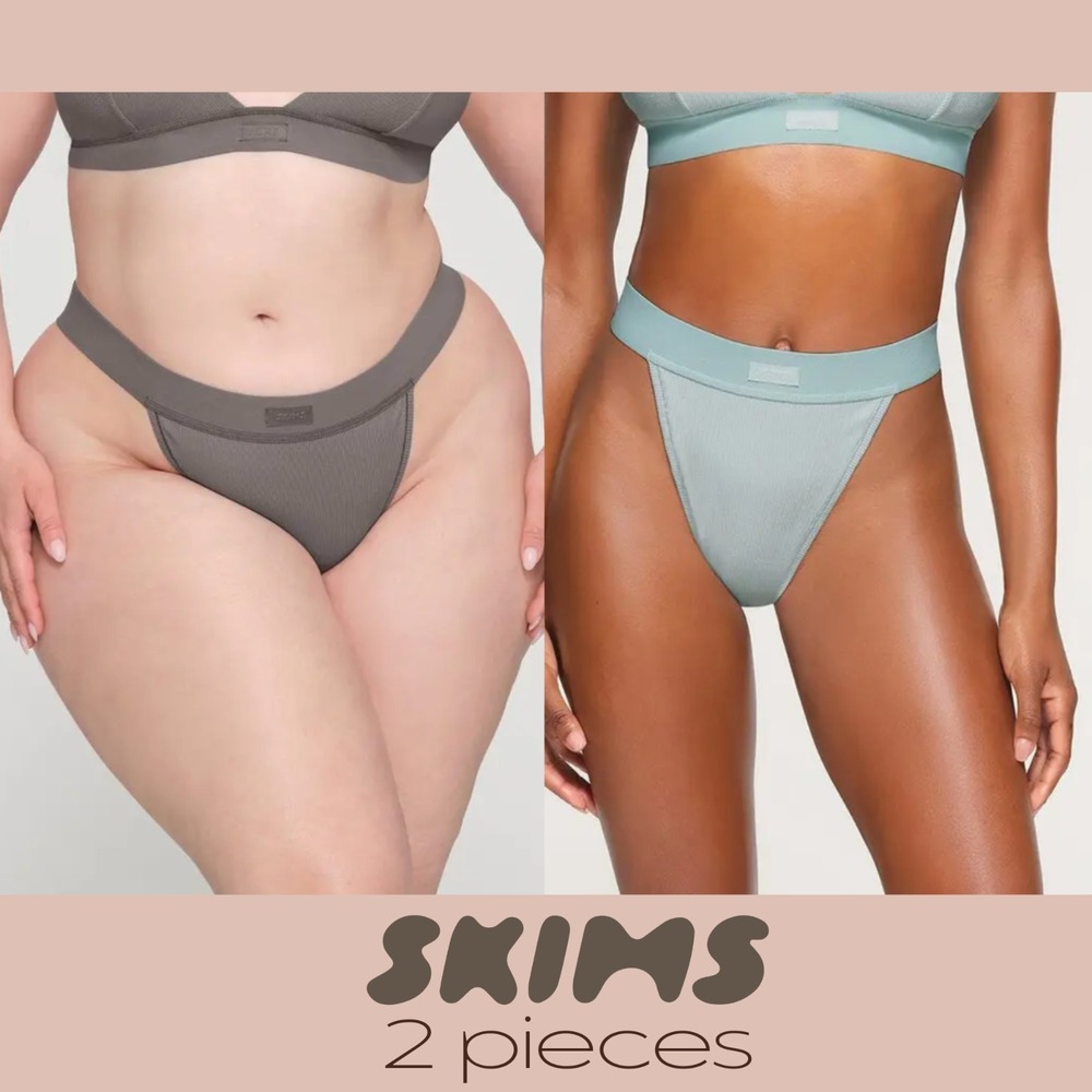 NWT $40 SKIMS‎ [ 2PC 4X ] Stretch Cotton Rib Thong Frost Blue + Smoke Grey T2039